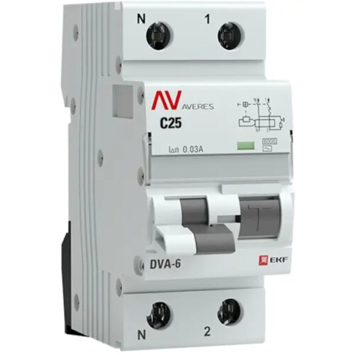 Дифференциальный автомат EKF Averes DVA-6 1P N C25 A 30 мА 6 кА AC