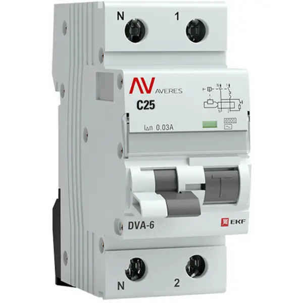 Дифференциальный автомат EKF Averes DVA-6 1P N C25 A 30 мА 6 кА AC