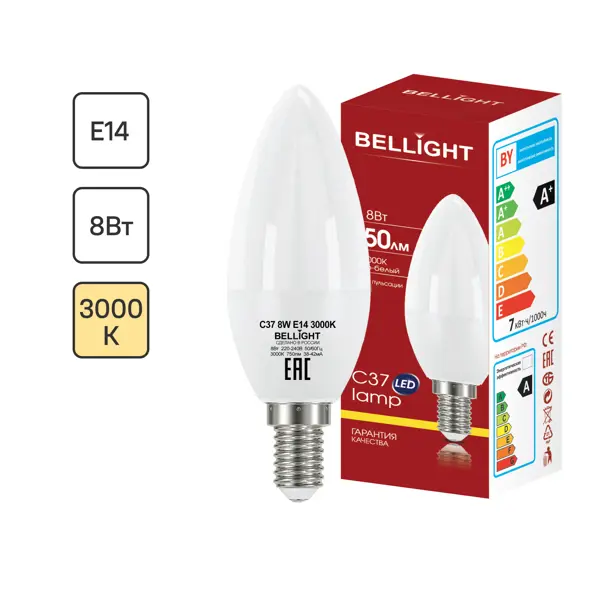 Лампа светодиодная Bellight E14 175-250 В 8 Вт свеча 750 лм теплый белый цвет света