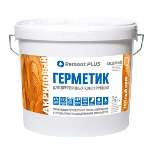 Герметик акриловый Remont PLUS для деревянных конструкций межшовный медовый 10 л
