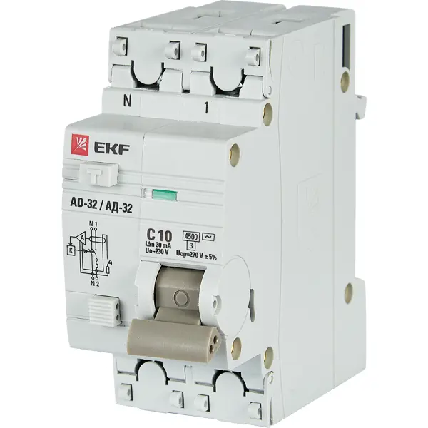 Дифференциальный автомат EKF АД-32 1P N C10 А 30 мА 4.5 кА АС