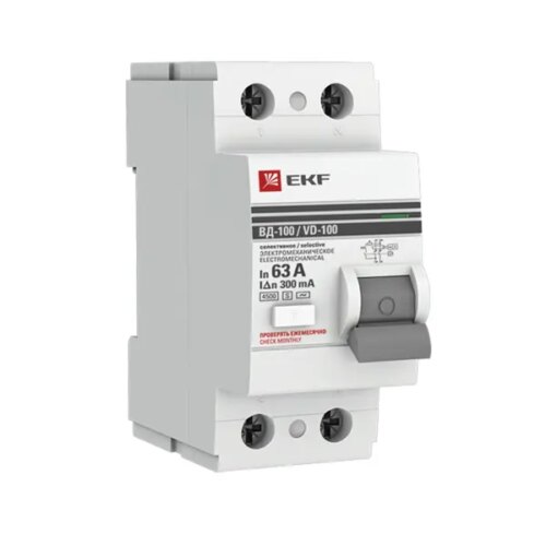 УЗО EKF PROxima ВД-100 2P 63 A 300 мА 4.5 кА AC elcb-2-63-300-em-pro