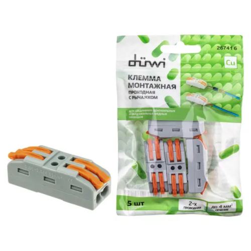 Клеммы проходные монтажные с рычажком Duwi СМК-422 2-проводные 4мм² серые 5шт 26741 6